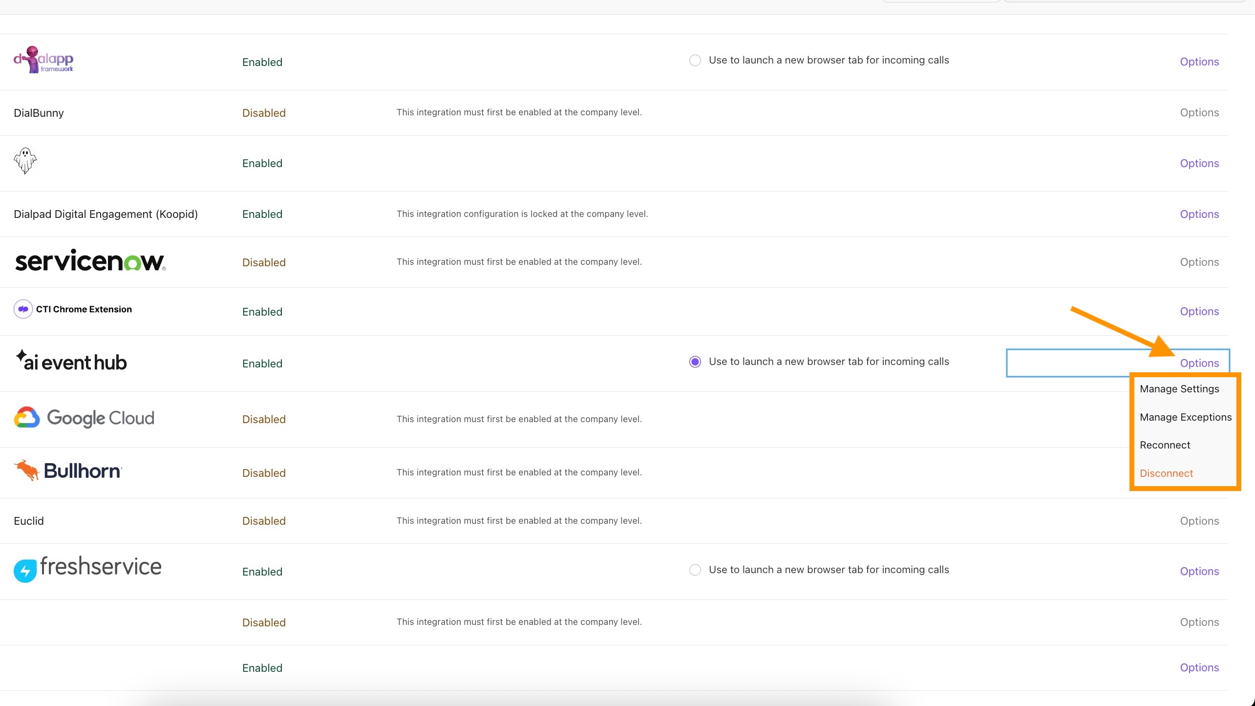 Integration options for various services, highlighting settings and management features.