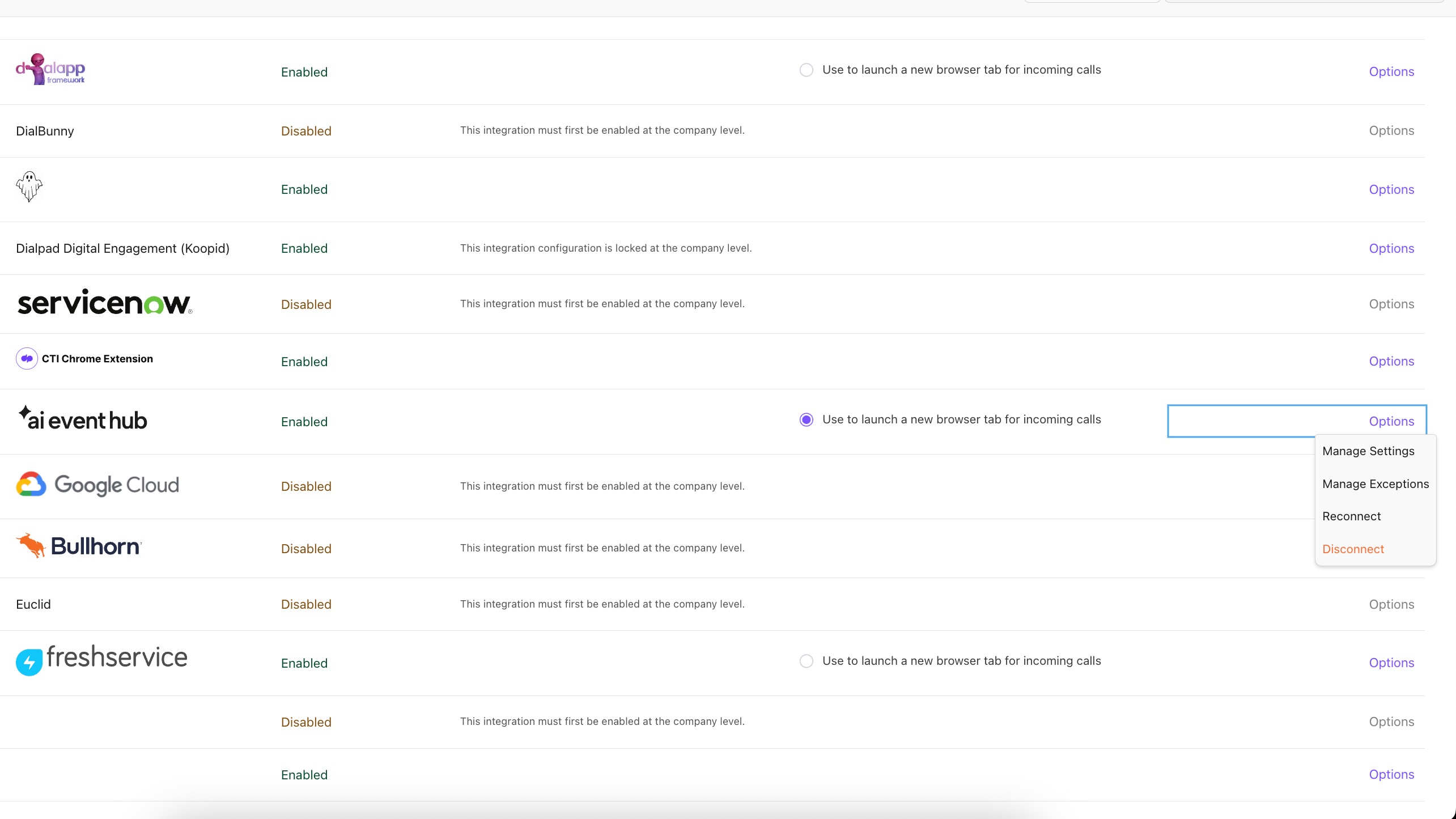 List of integrations with their enabled or disabled status and options for management.