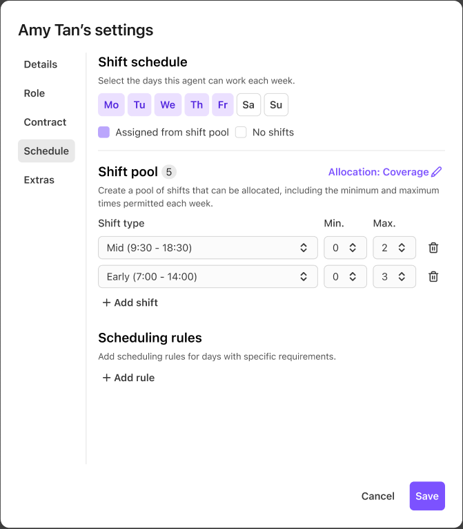 Settings for Amy Tan's shift schedule, including shift types and allocation rules.