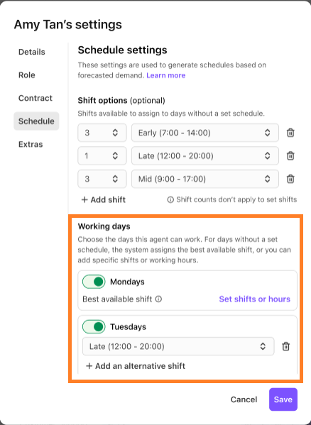Schedule settings for Amy Tan, including working days and shift options.