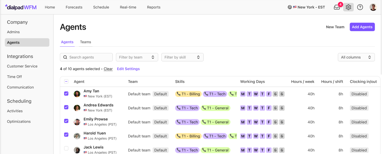 Overview of agents with their skills, working days, and hours in a management system.