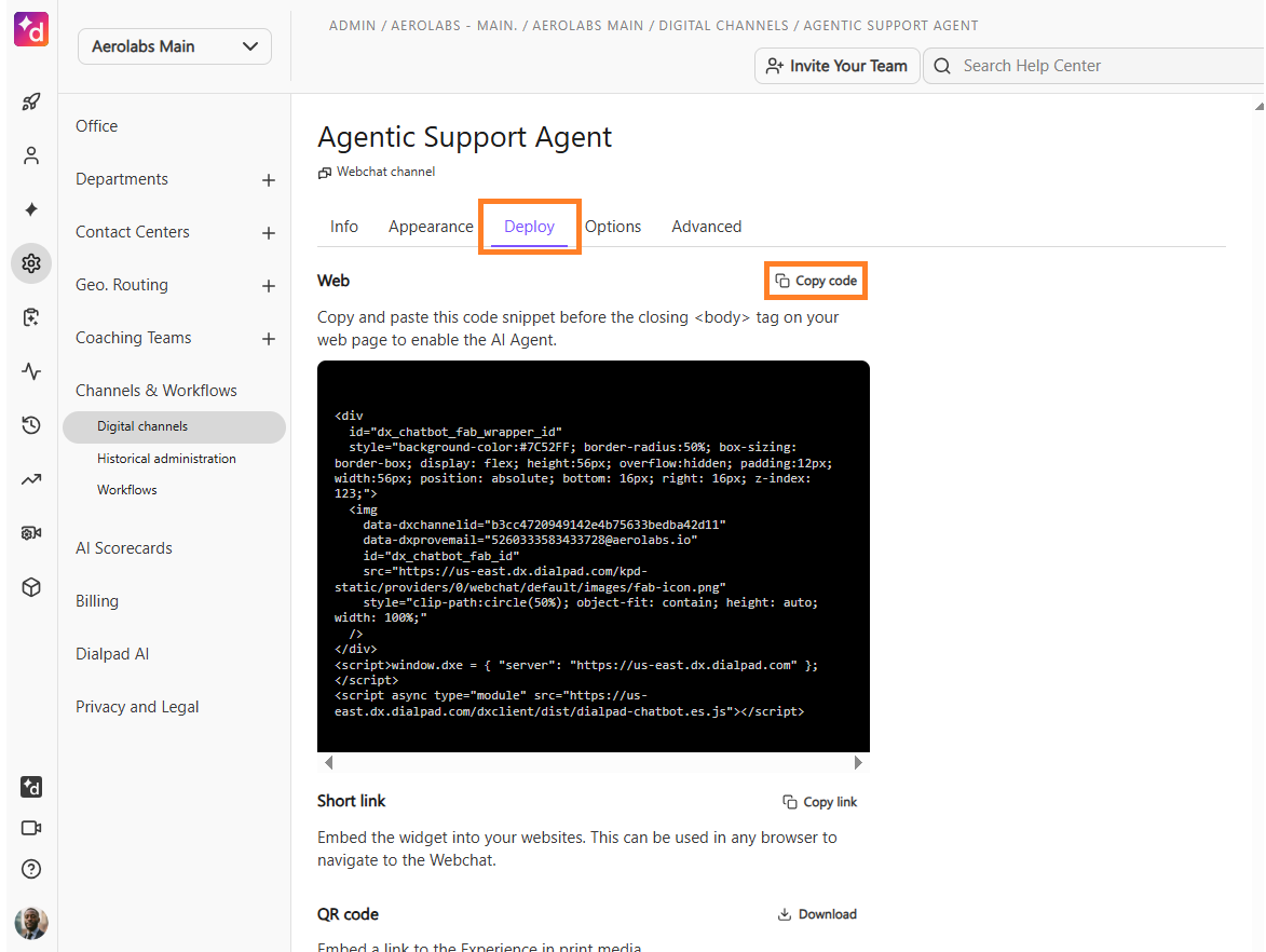 Instructions for deploying the Agentic Support Agent on a web page with code snippet.