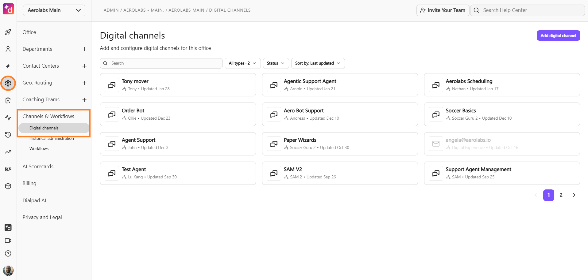 Overview of digital channels configuration with various agent options listed.
