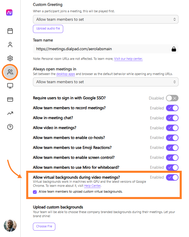 Settings for video meetings, including virtual backgrounds and user permissions options.