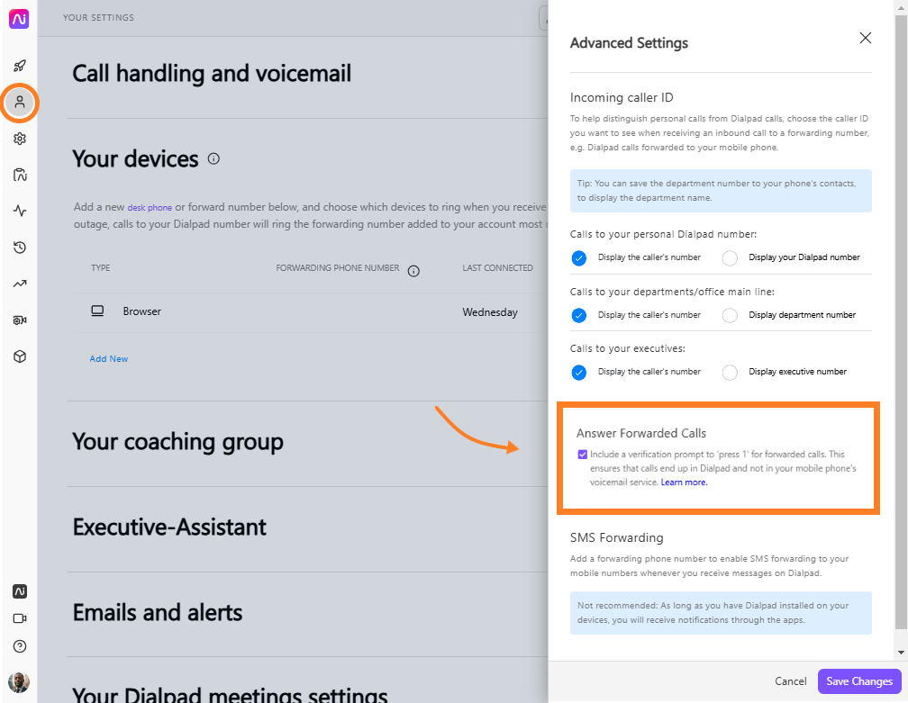 Settings page showing options for call handling and voicemail features.