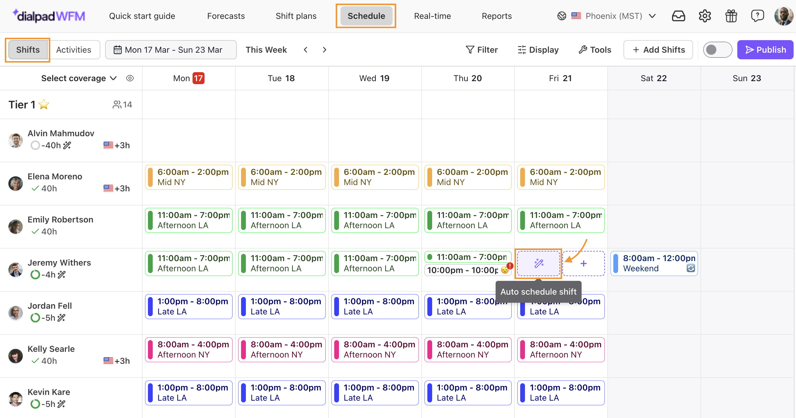 Weekly schedule showing shifts for various employees with highlighted scheduling options.