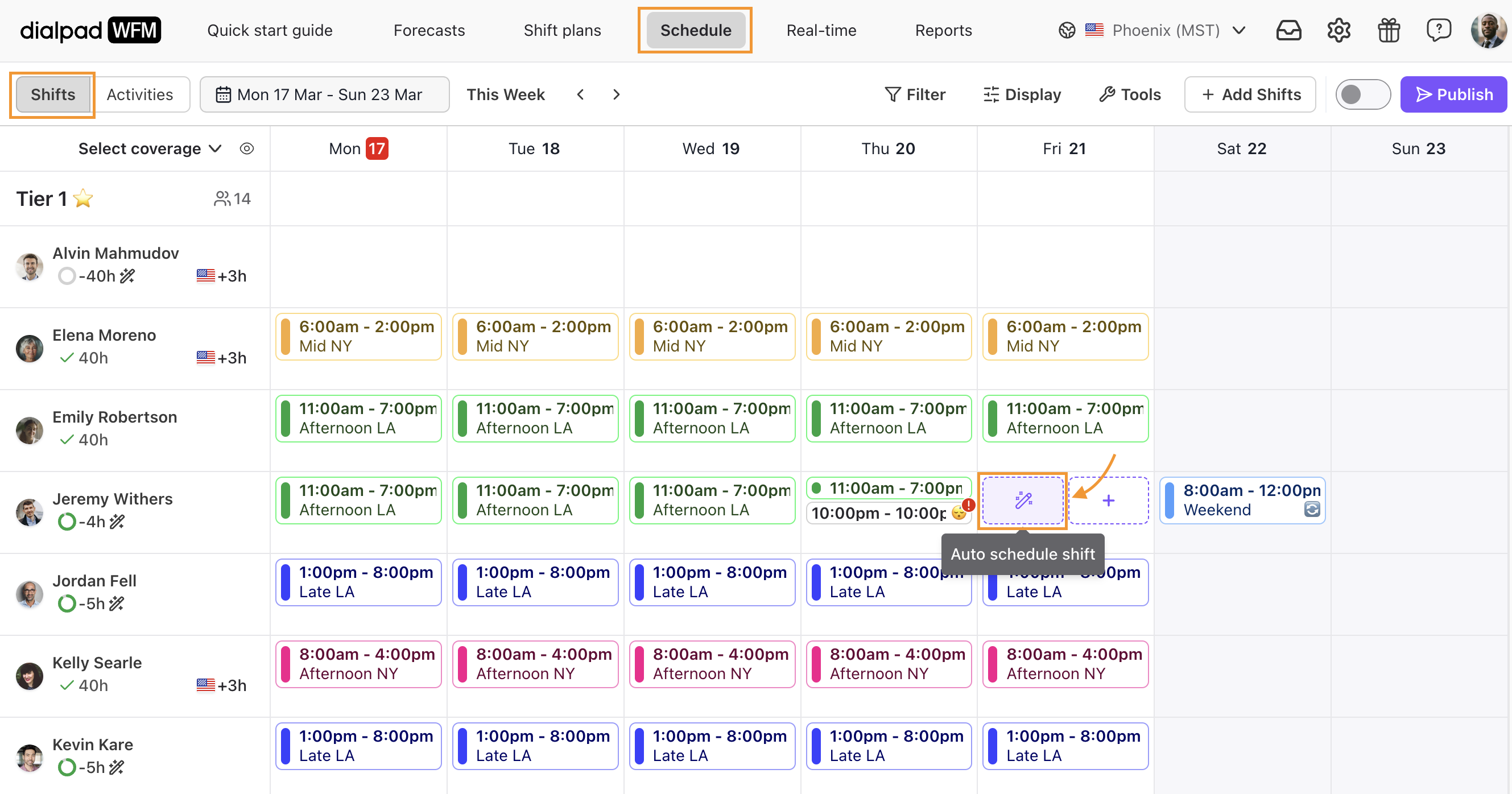 Weekly schedule displaying shifts for various employees with highlighted scheduling options.