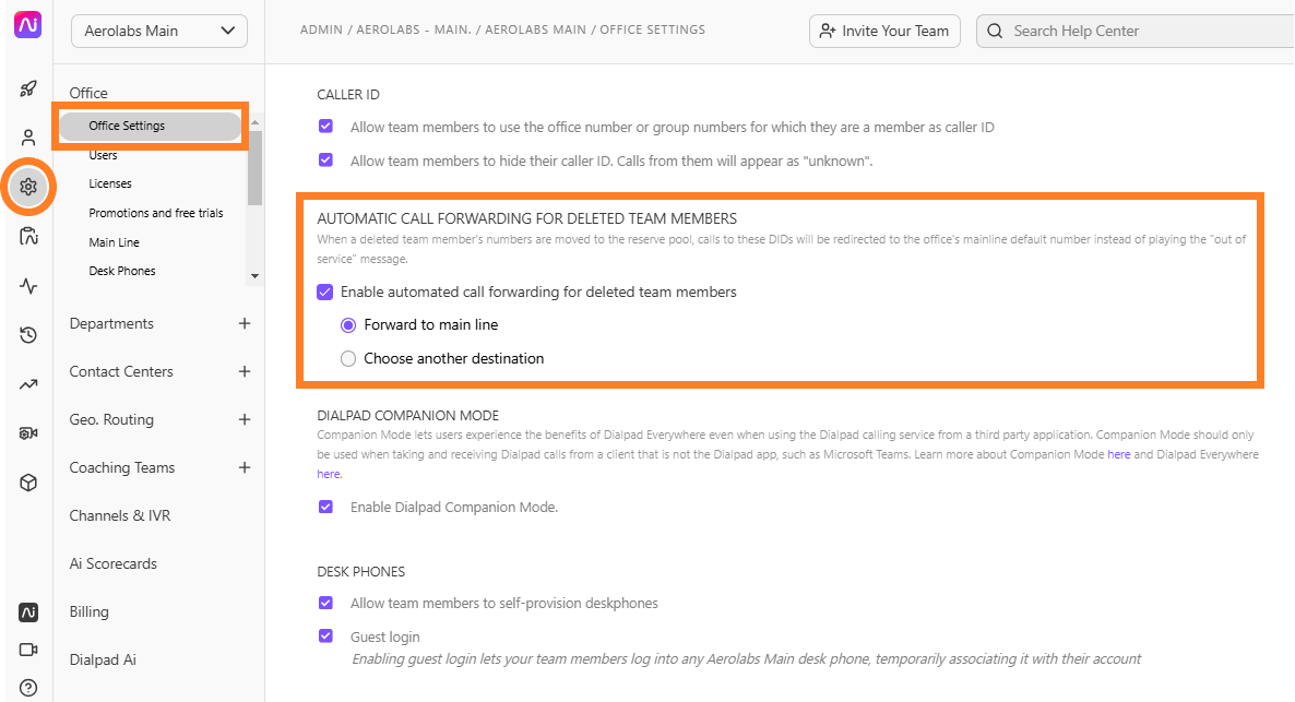 Settings page showing call forwarding options for deleted team members in Aerolabs.