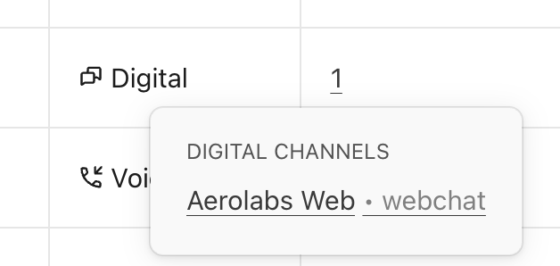 Overview of digital channels including webchat and voice options for Aerolabs.