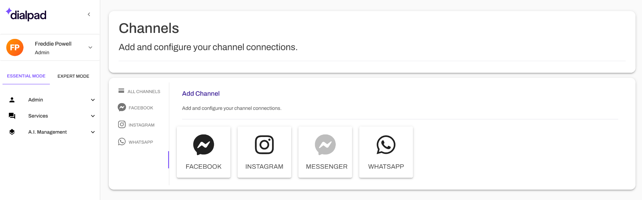 User interface for configuring channel connections in Dialpad application.