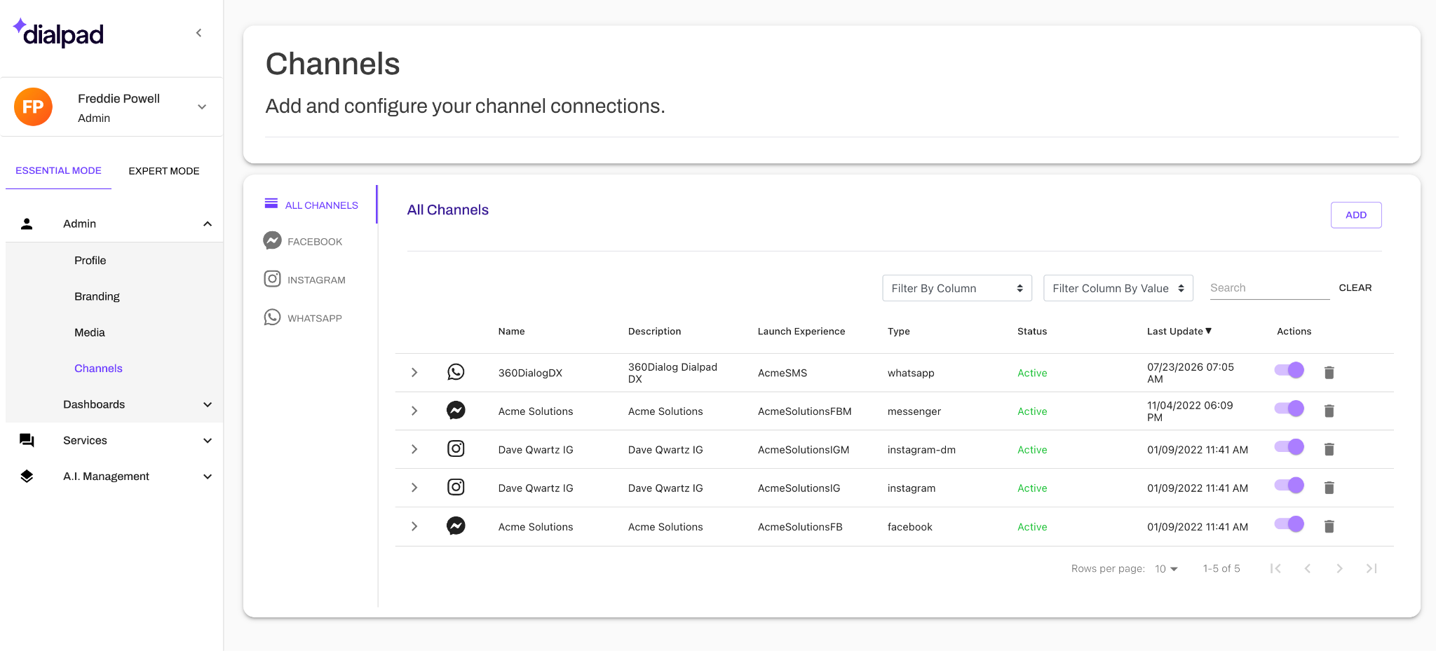 Dialpad interface showing channel connections and their statuses for various platforms.