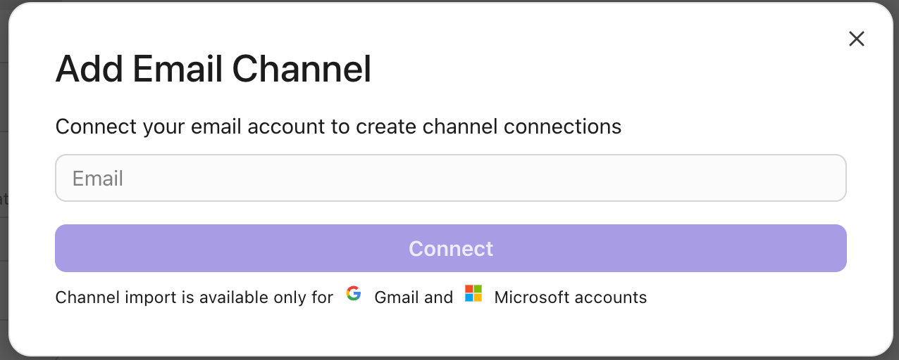 Popup window for adding an email channel with connection instructions and options.