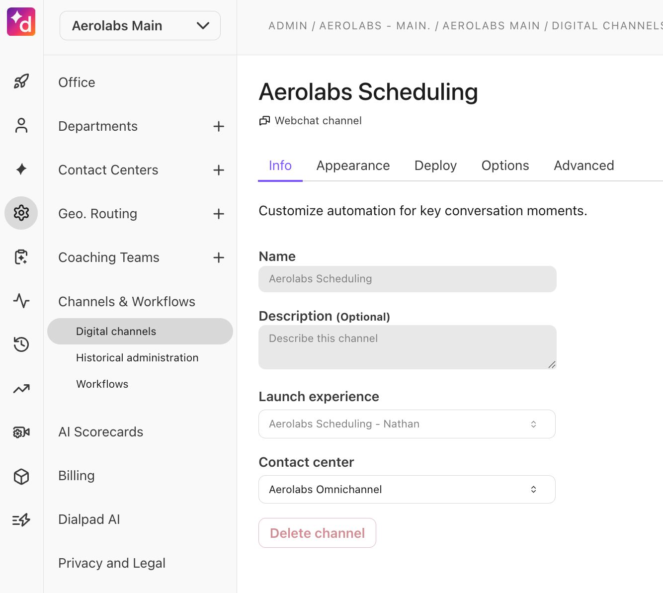 Aerolabs Scheduling interface showing channel details and customization options for automation.