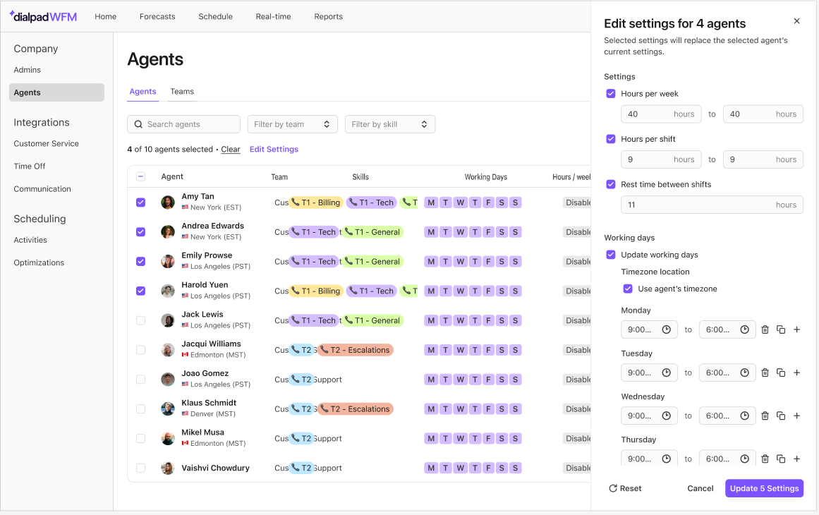 Settings for agents including skills, working days, and hours per week are displayed.