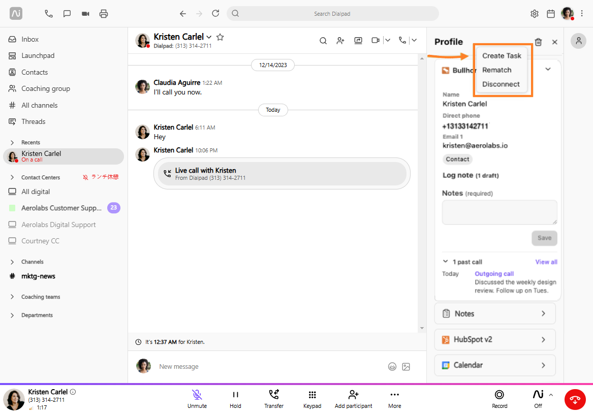 Profile view showing call details and options for Kristen Carlel in Dialpad.