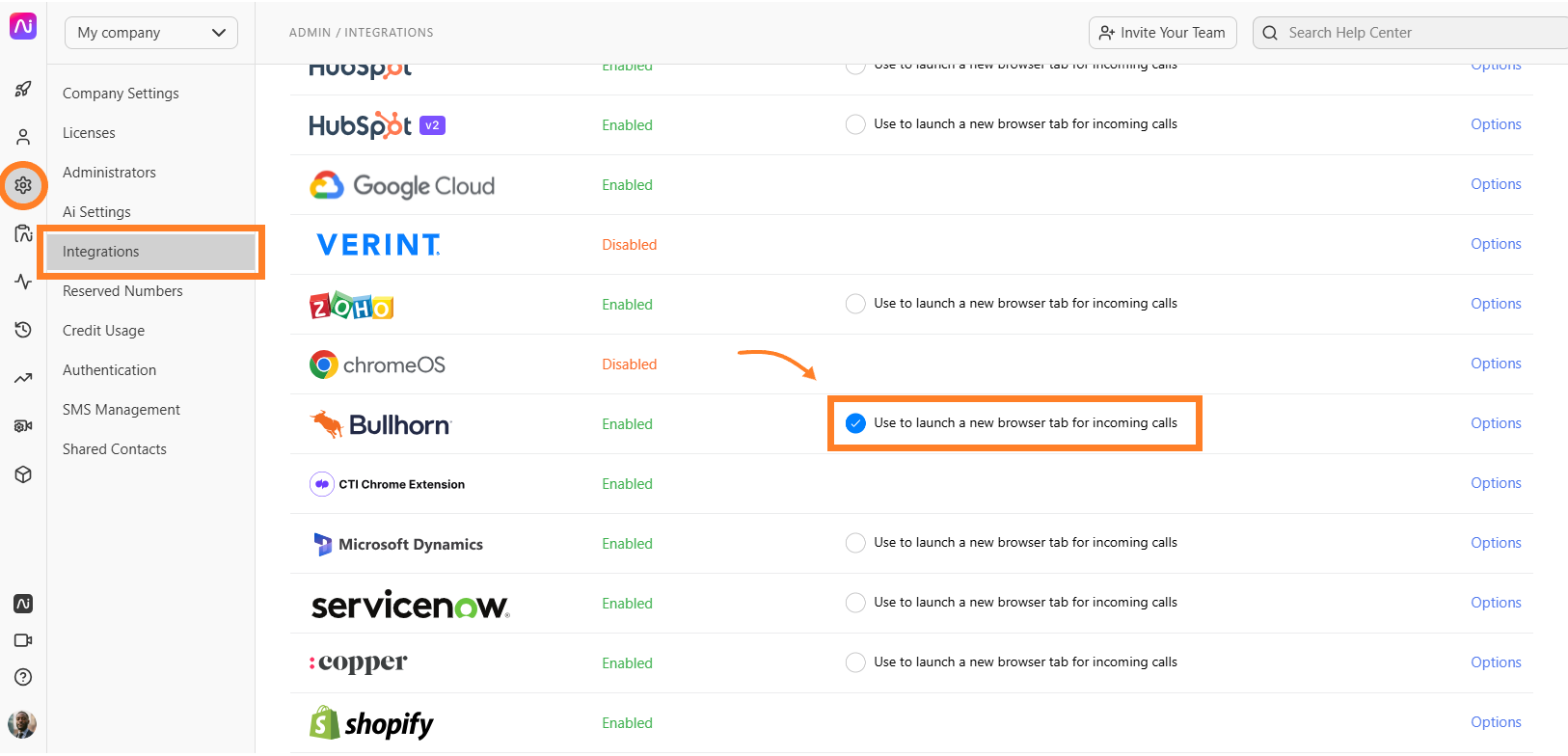 Integration settings showing enabled and disabled options for various applications.