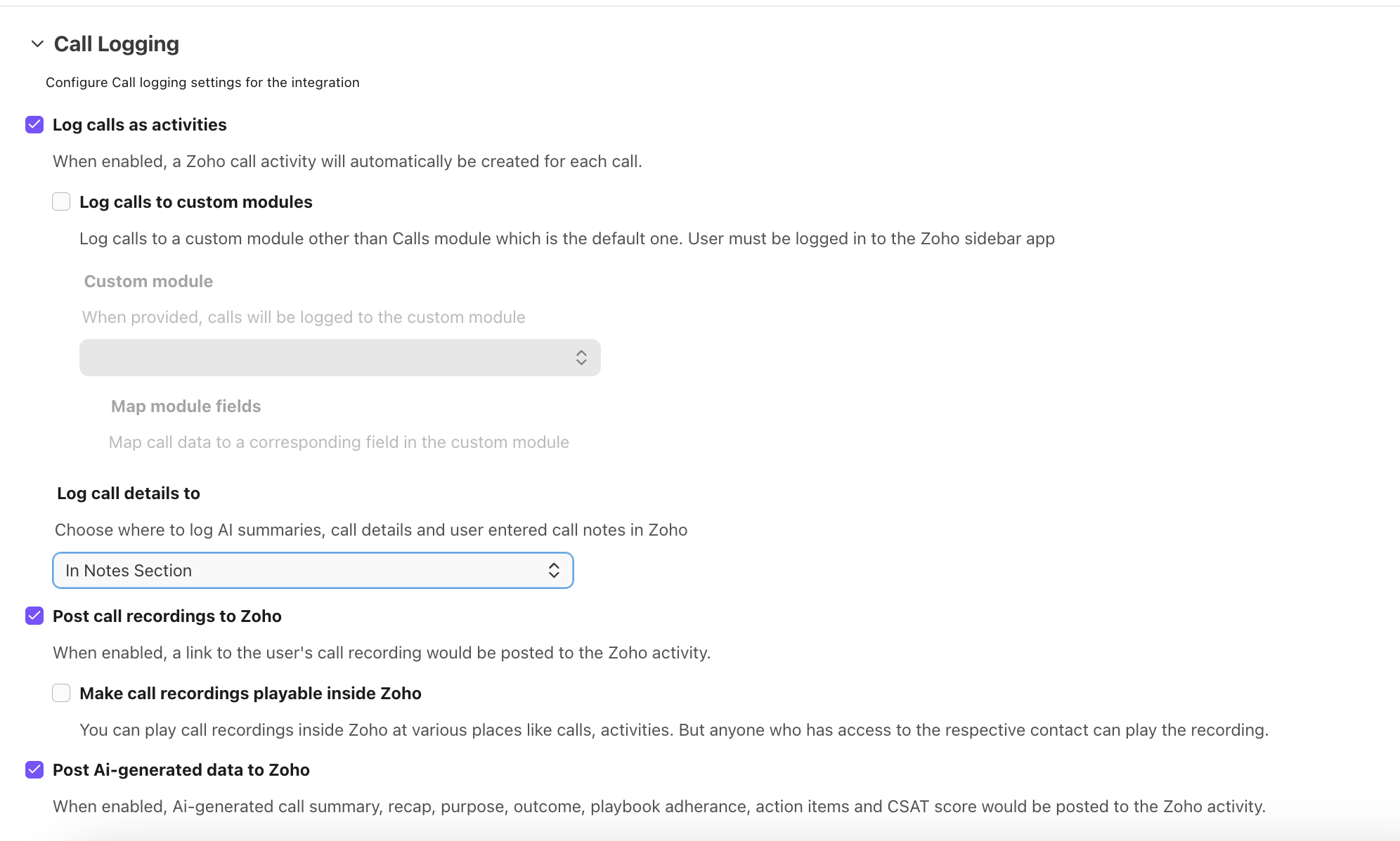 Settings for call logging integration in Zoho, including options for call details and recordings.