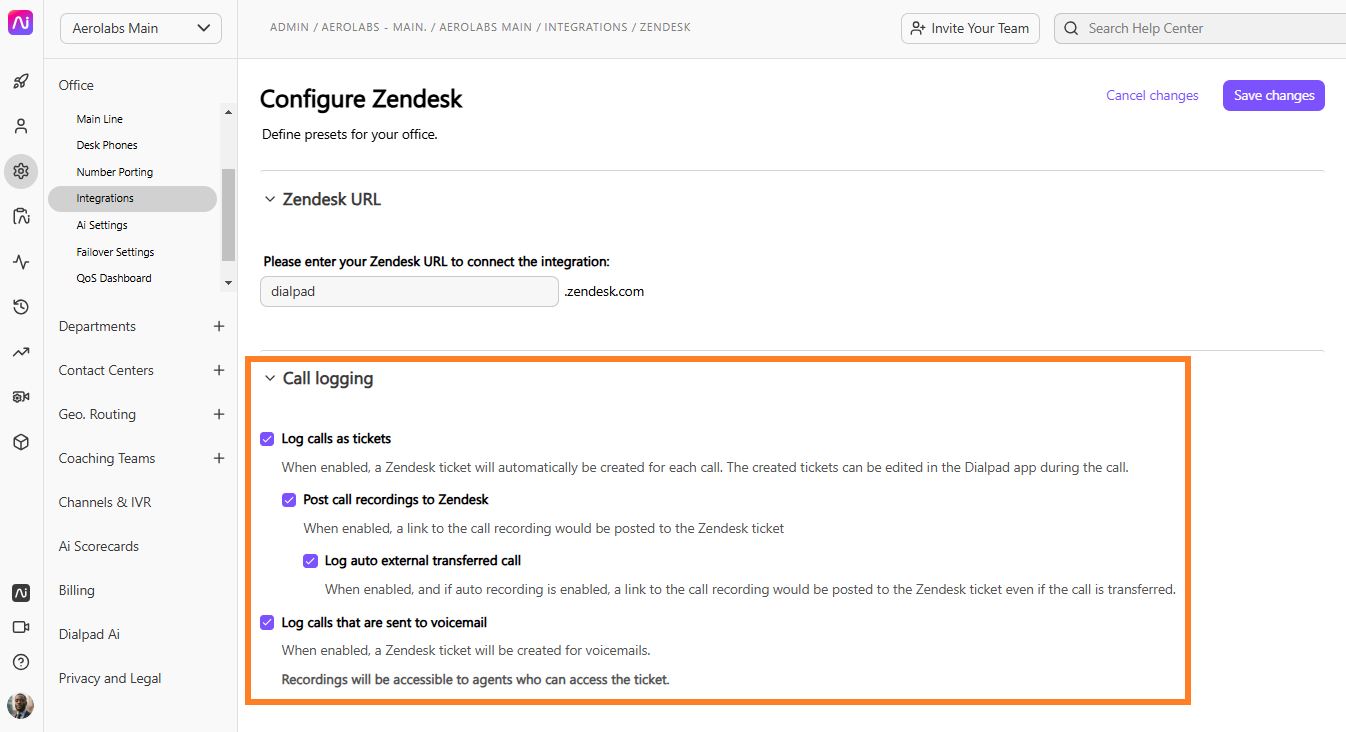 Configuration settings for Zendesk integration with call logging options highlighted.