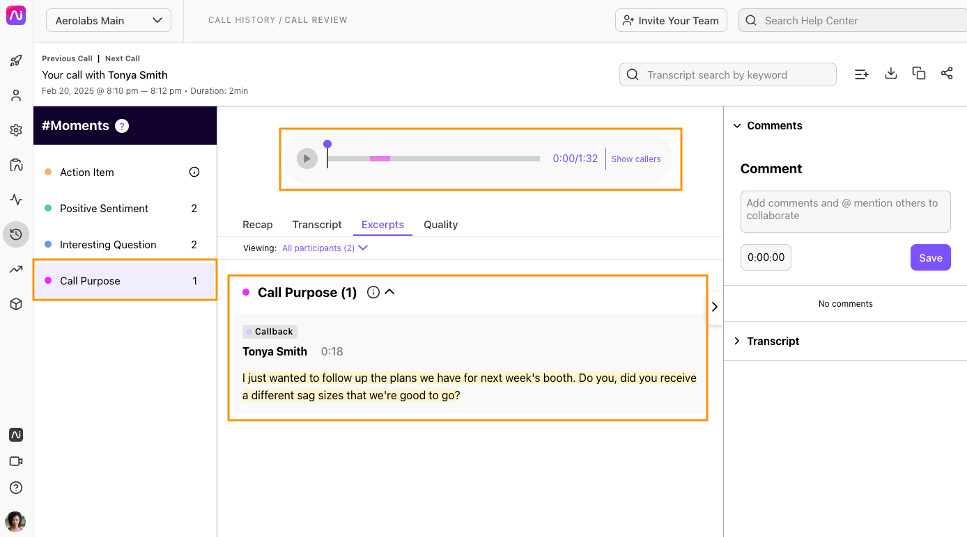 Ai Call Summary showing details of the call purpose category from aconversation with Tonya Smith.