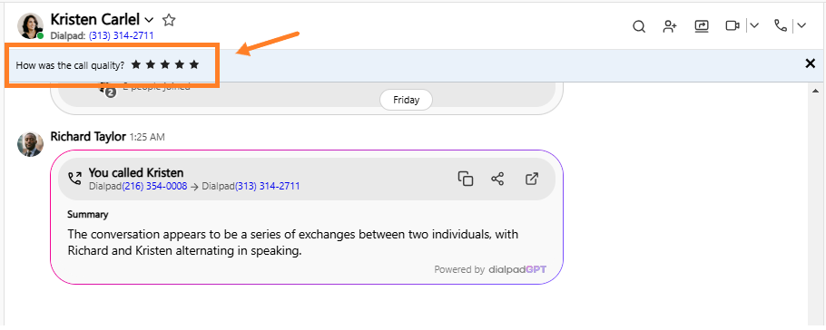 A call quality rating prompt with a summary of a conversation between two individuals.