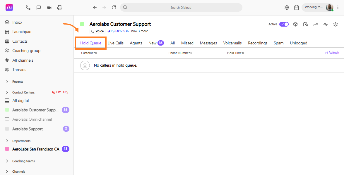 Aerolabs Customer Support interface showing no callers in hold queue.