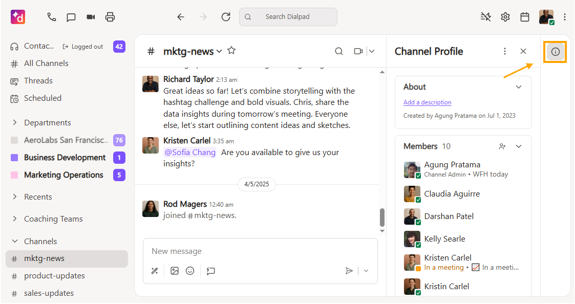 Discussion in the mktg-news channel with highlighted member profile and messages.