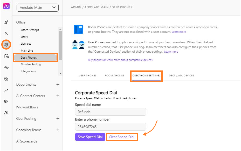 Settings for corporate speed dial and desk phone configuration options displayed on screen.