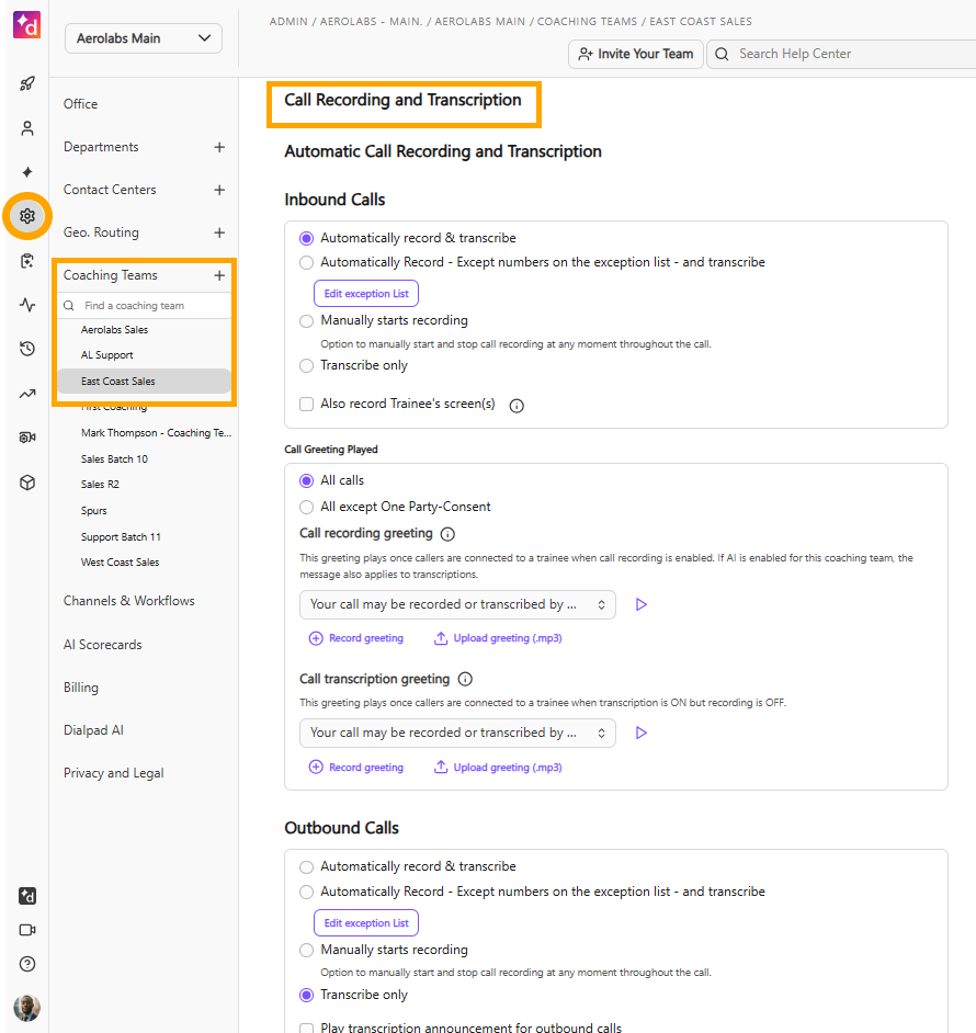 Settings for call recording and transcription options in Aerolabs interface.