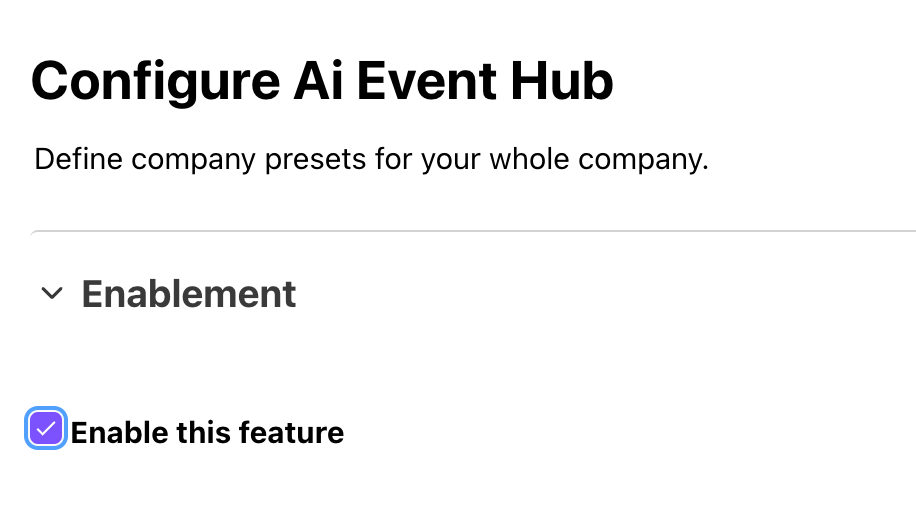 Settings page for configuring AI Event Hub with feature enablement option.