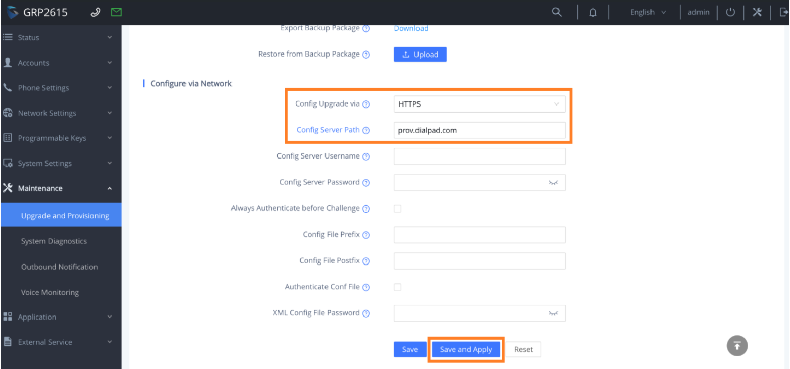 Network configuration settings with highlighted server path and save options for updates.