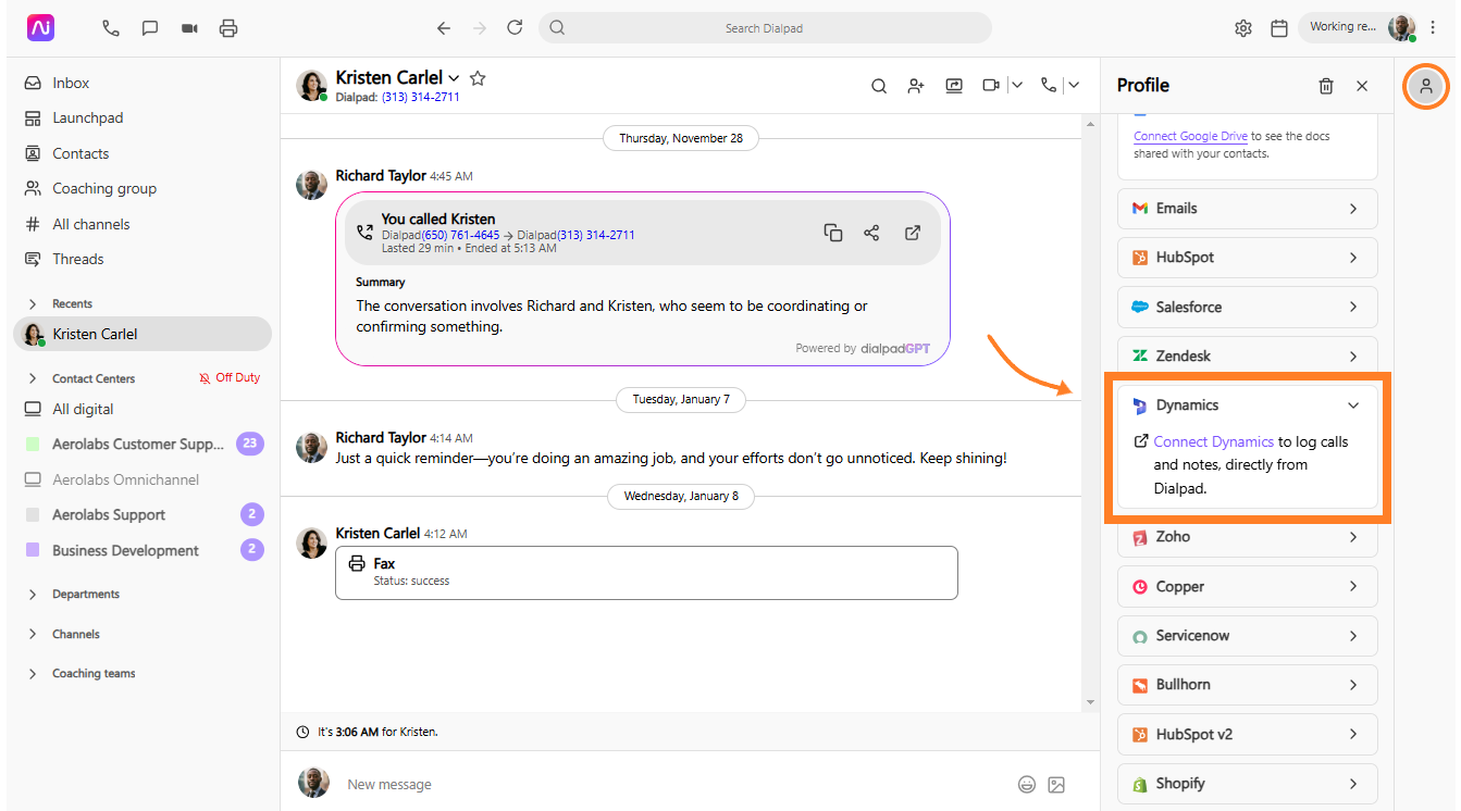 Conversation summary between Kristen and Richard, highlighting call logging features in Dialpad.