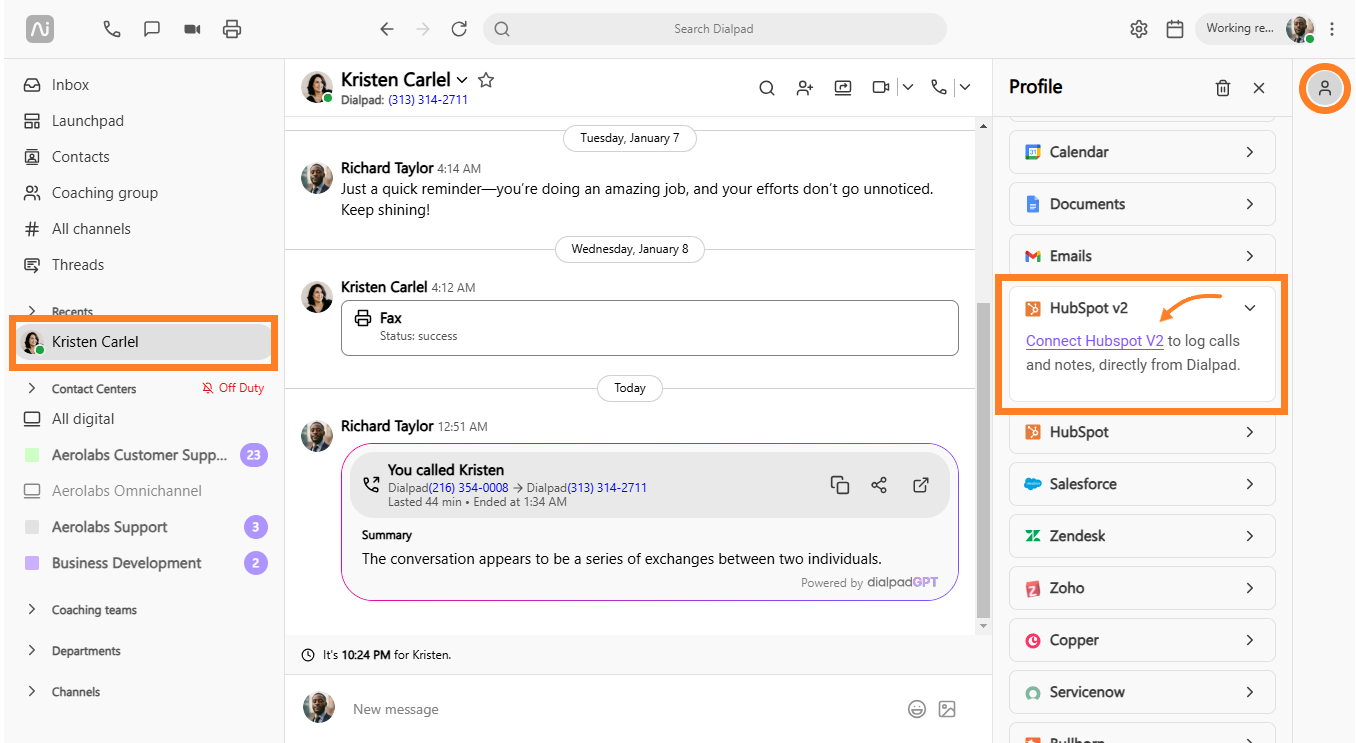 Dialpad interface showing recent calls, messages, and HubSpot integration options.