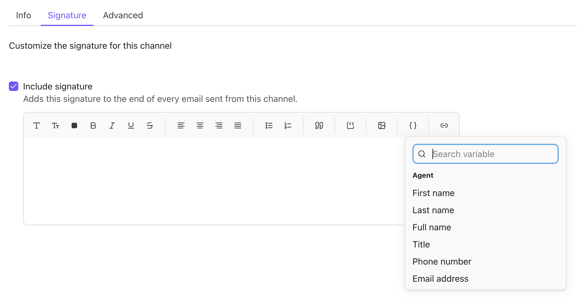 Settings interface for customizing email signatures with various options and variables.