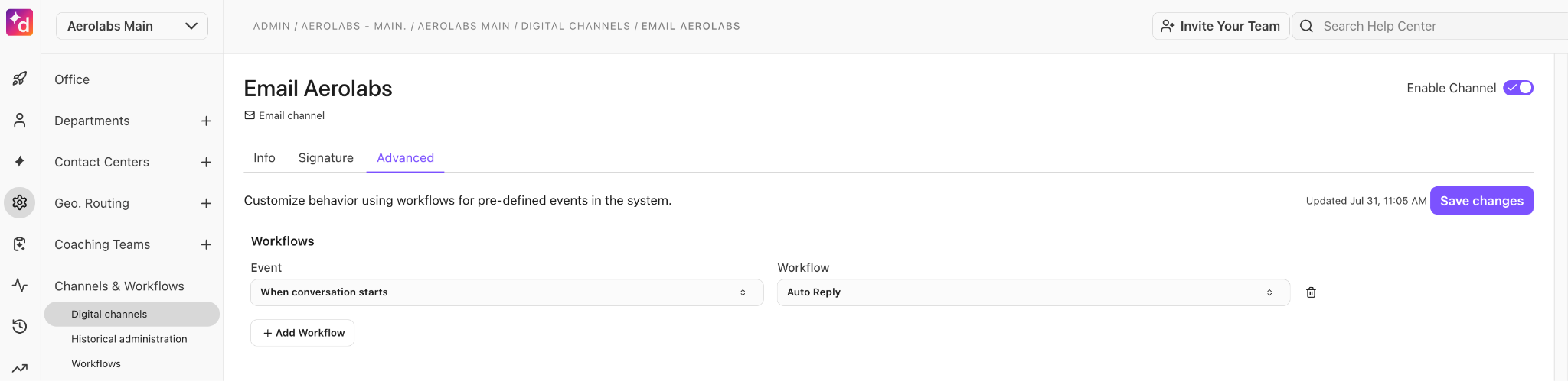 Email Aerolabs settings page showing workflows and customization options for digital channels.