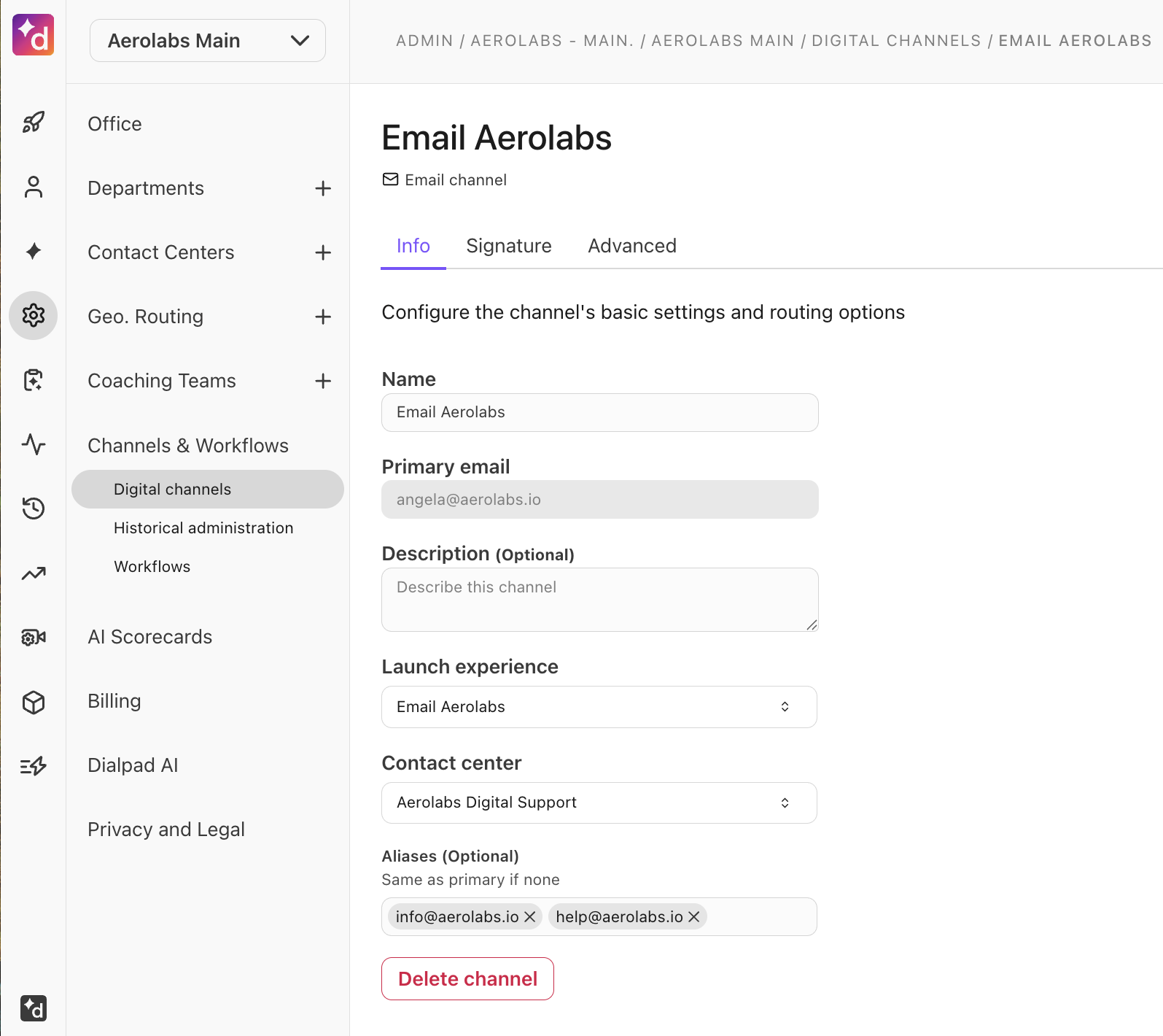 Settings for the Email Aerolabs channel, including primary email and contact center details.