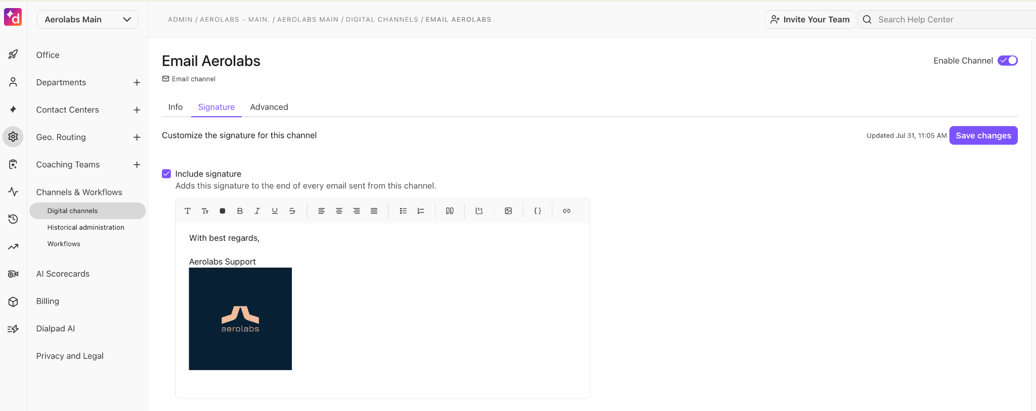 Email channel settings for Aerolabs, including signature customization options and save changes button.
