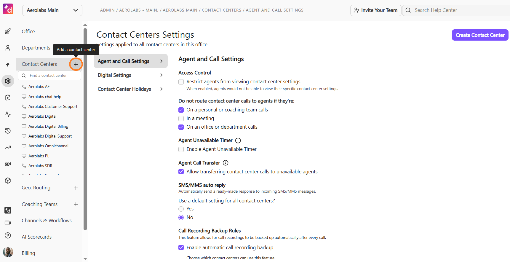 Settings for contact centers including call routing and agent availability options.