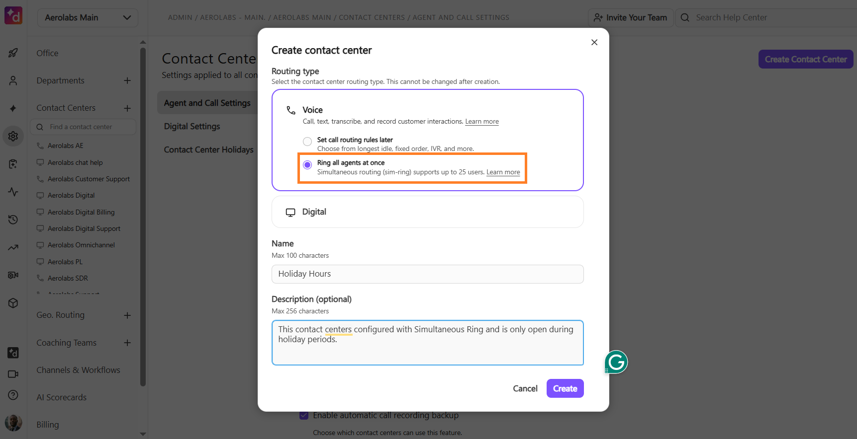 Creating a contact center with simultaneous ringing for all agents at once.
