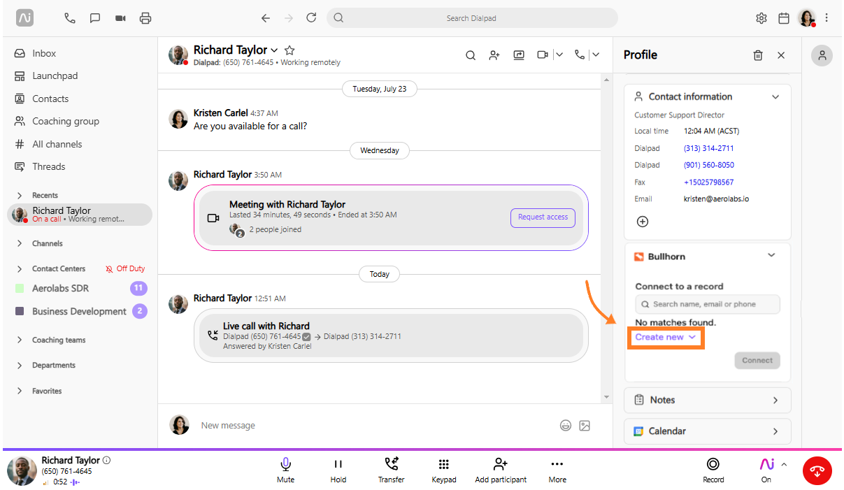 Richard Taylor's call history and profile details with highlighted options for creating records.