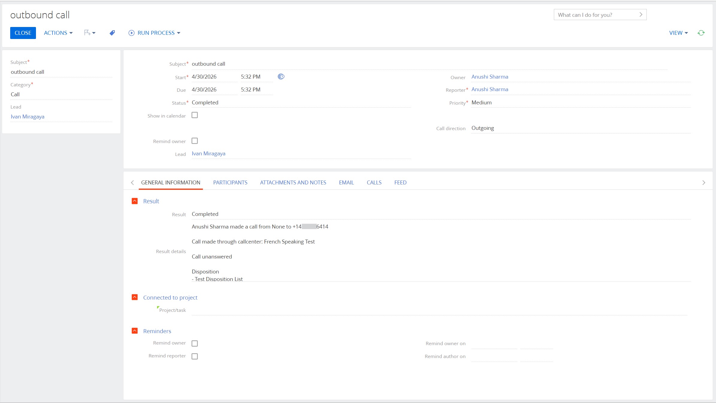 Details of an outbound call, including participants and call results.