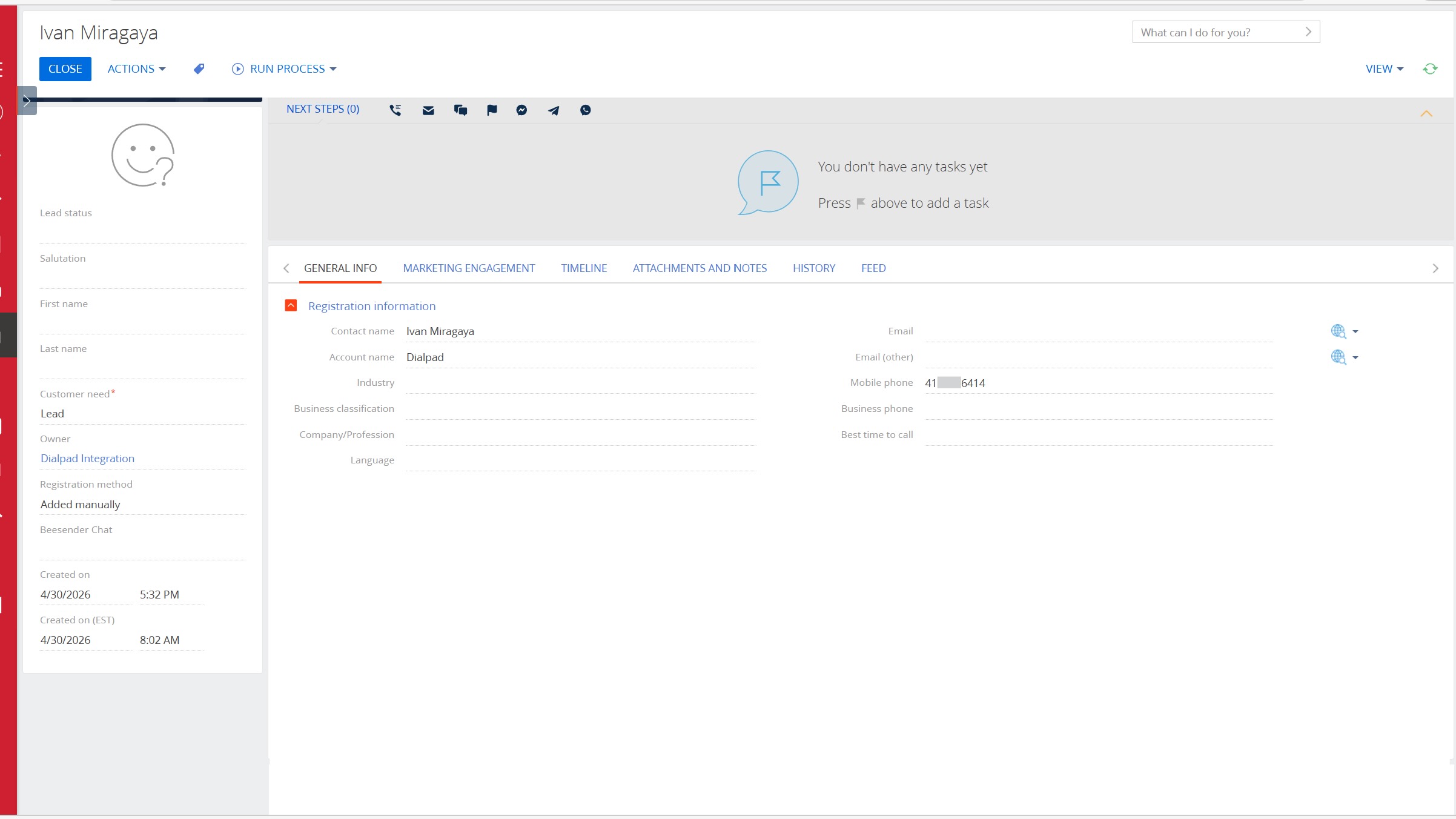 Contact information and registration details in the system interface.