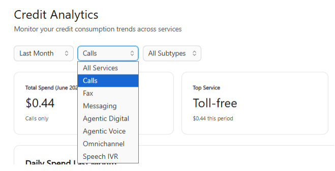 Credit analytics dashboard showing call services and total spend for June 2023.