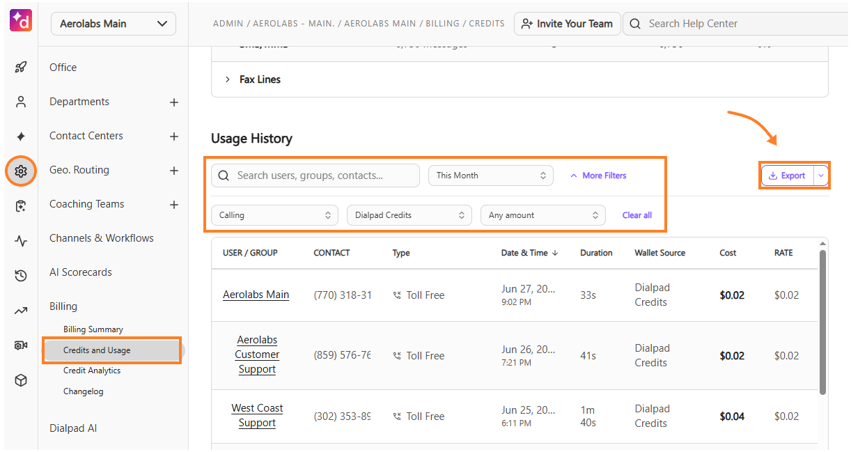 Usage history section showing search filters and export option for billing data.