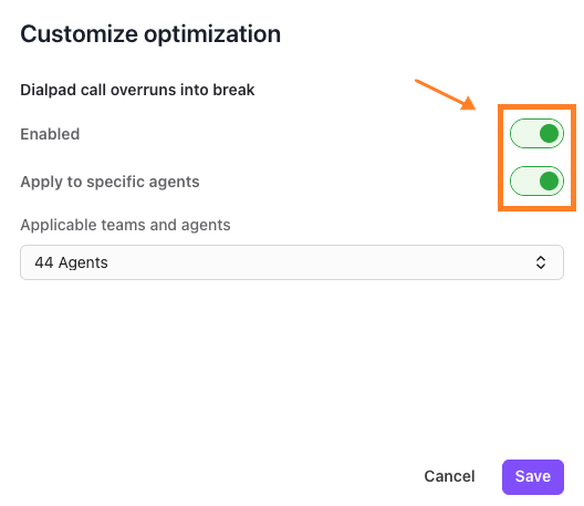 Settings for Dialpad call optimization with toggle switches for enabling features.