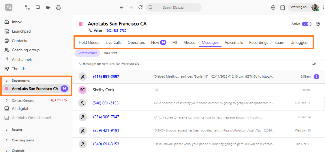 AeroLabs San Francisco interface showing messages, calls, and department details.