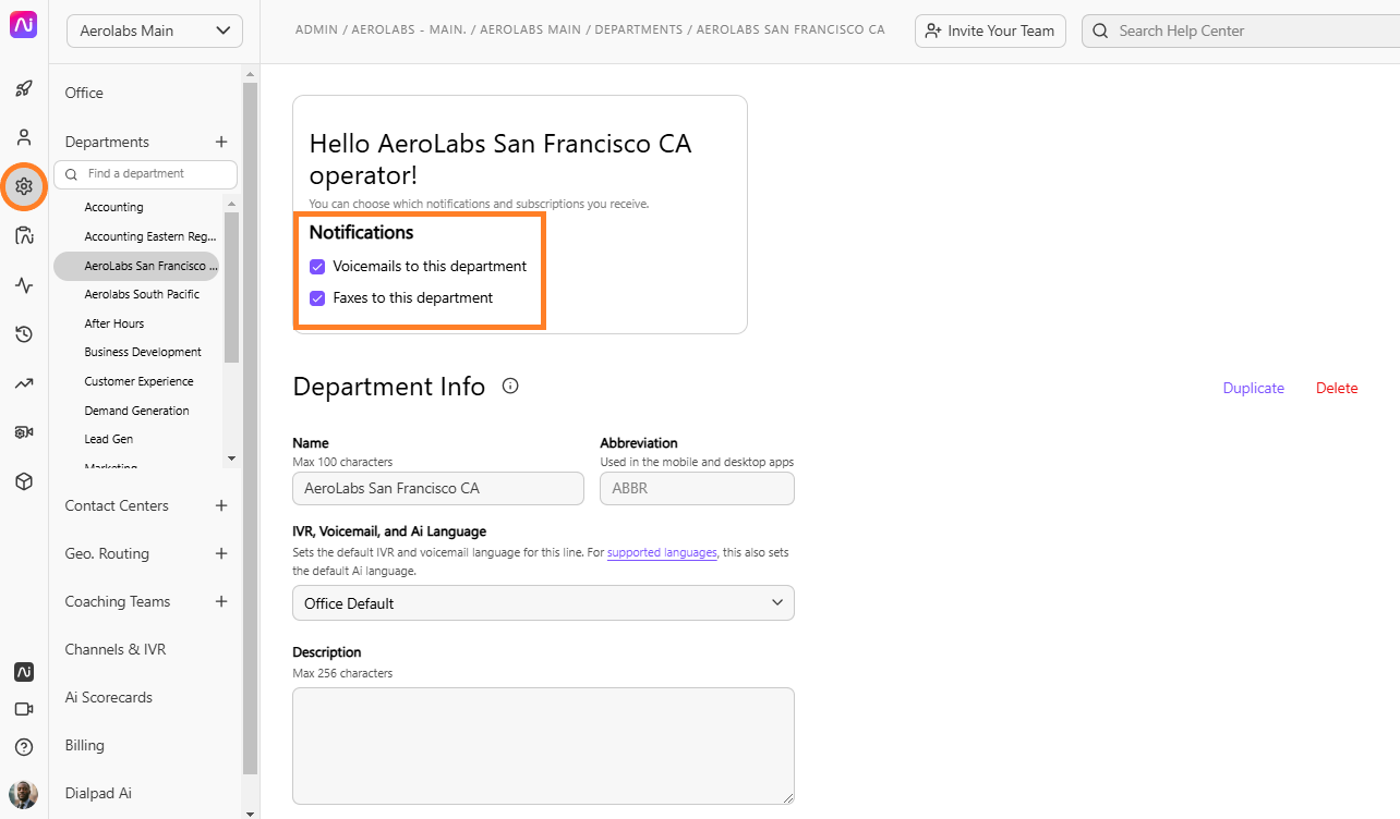 AeroLabs San Francisco CA department settings with notification options for voicemails and faxes.