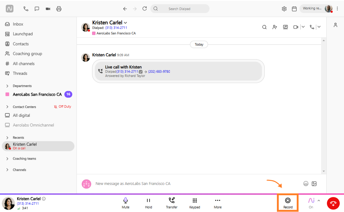 User interface showing a live call with options to record and manage calls.