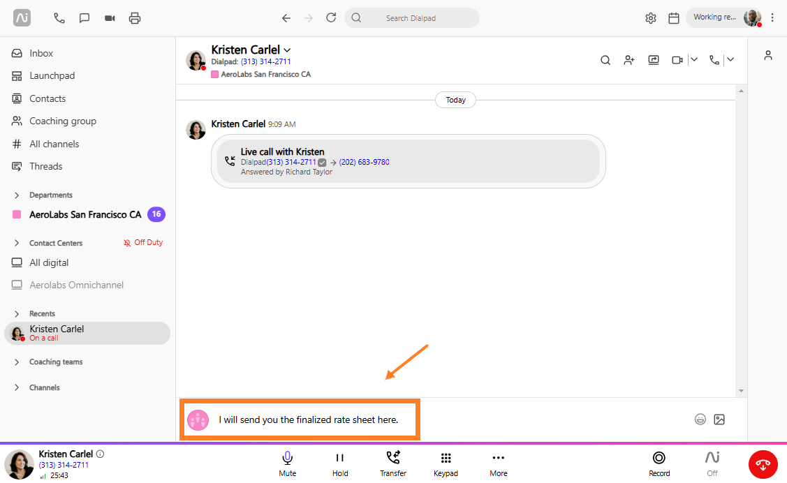 A chat interface showing a live call and a message about a rate sheet.