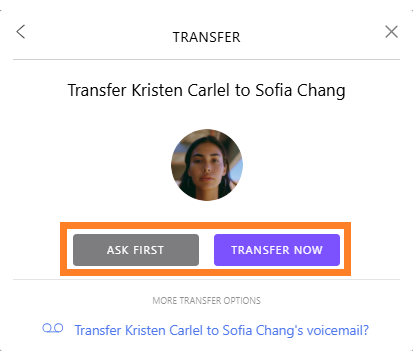 Transfer options for Kristen Carlel to Sofia Chang with action buttons displayed.