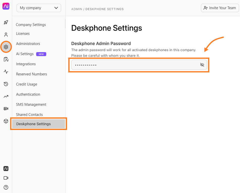 Deskphone settings page showing admin password input and navigation options.